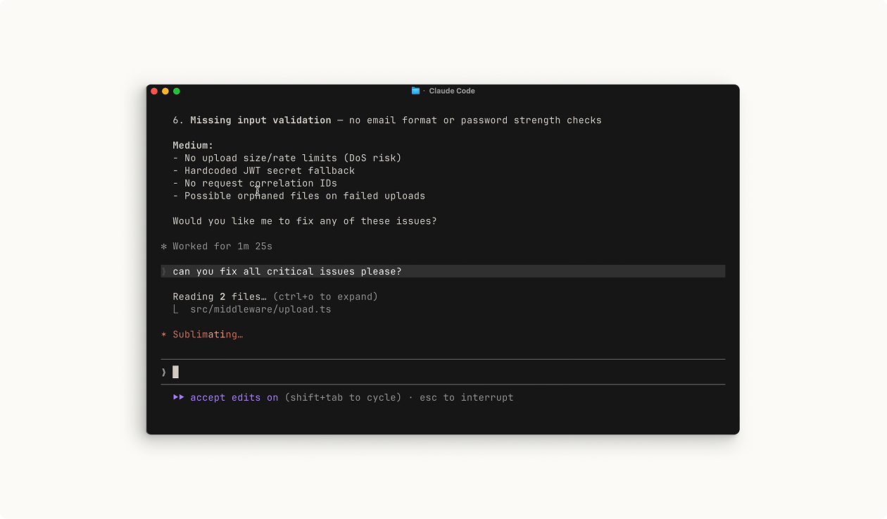 Claude Code terminal session reviewing and fixing issues