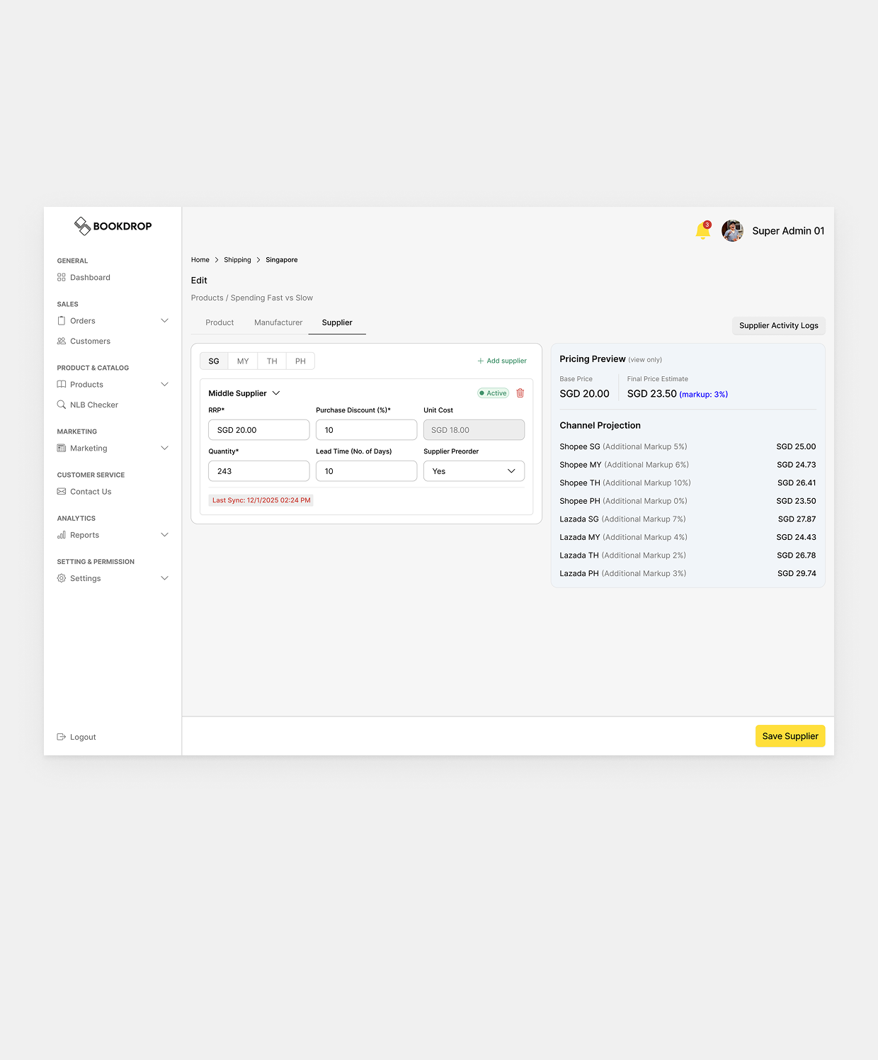 Bookdrop supplier tab