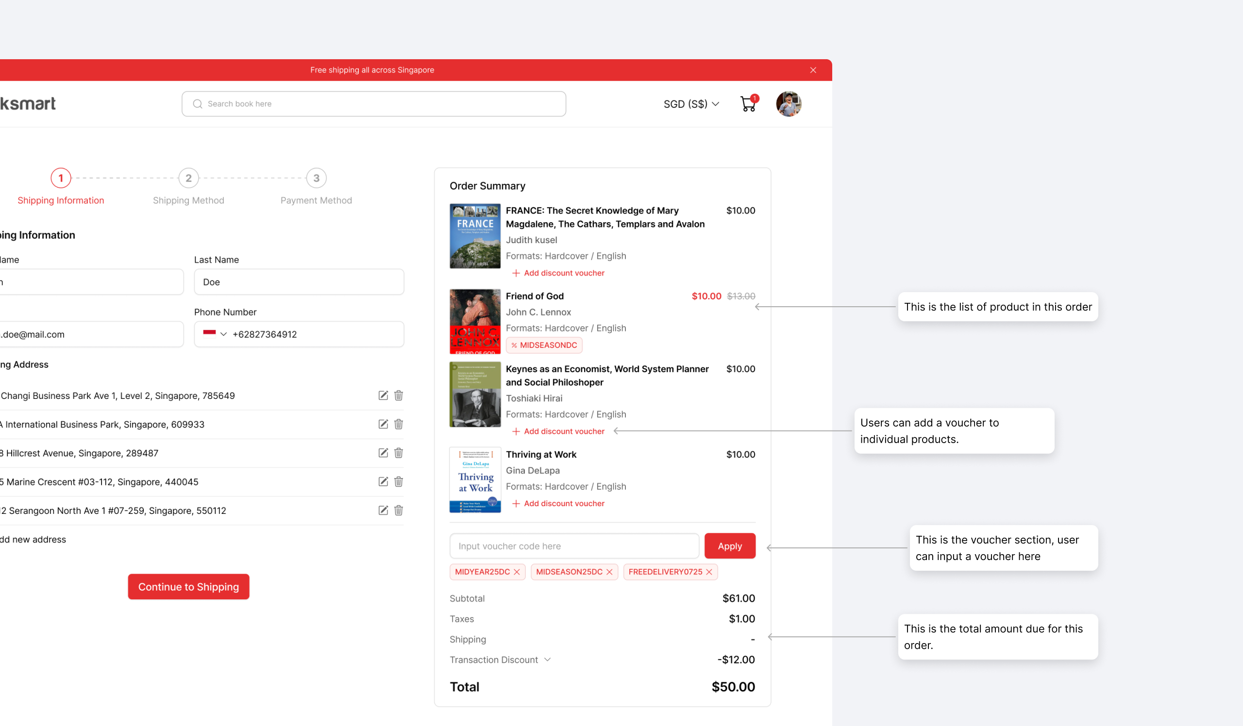 Booksmart persistent order summary sidebar