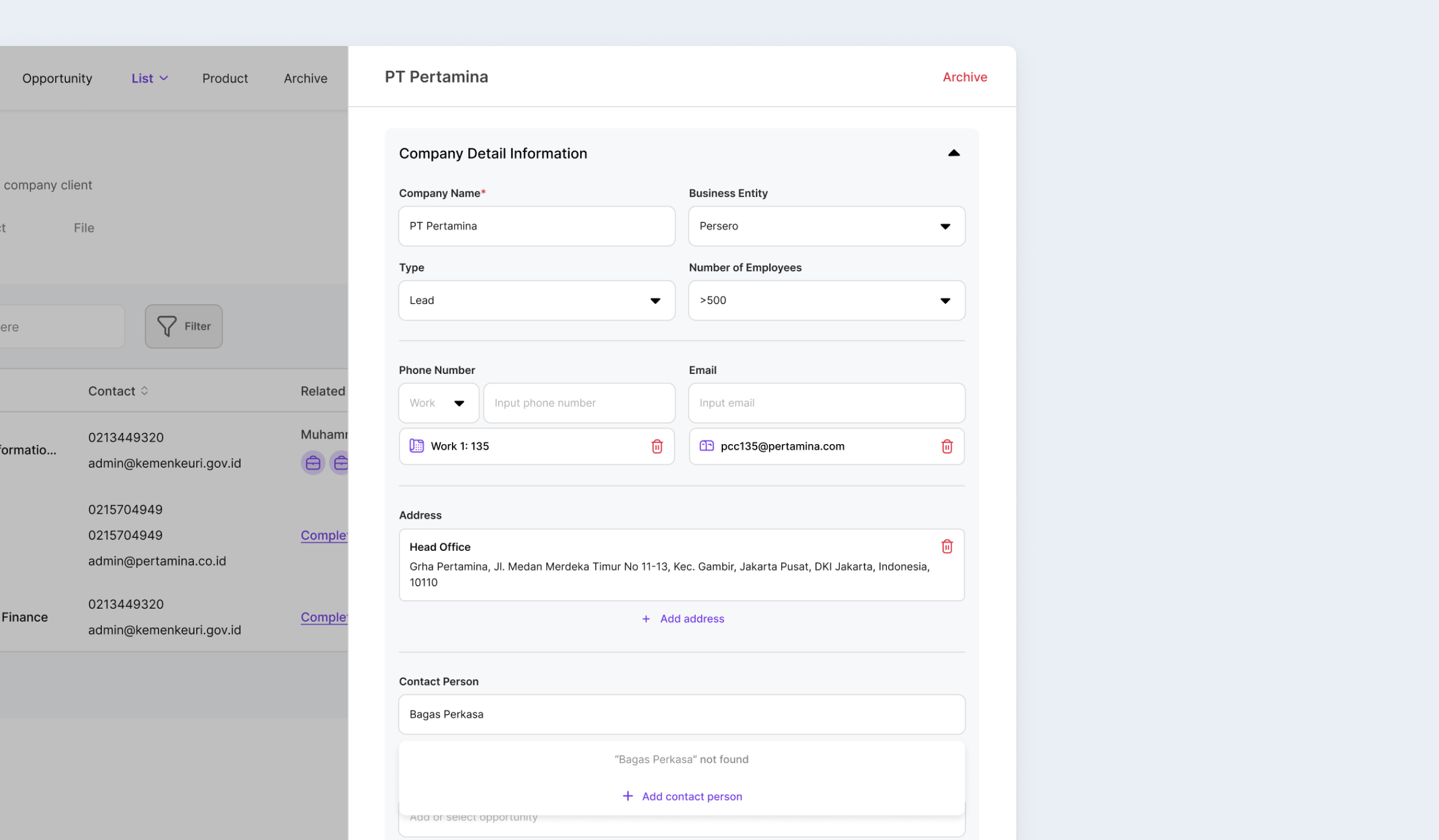 CRM quick add modal