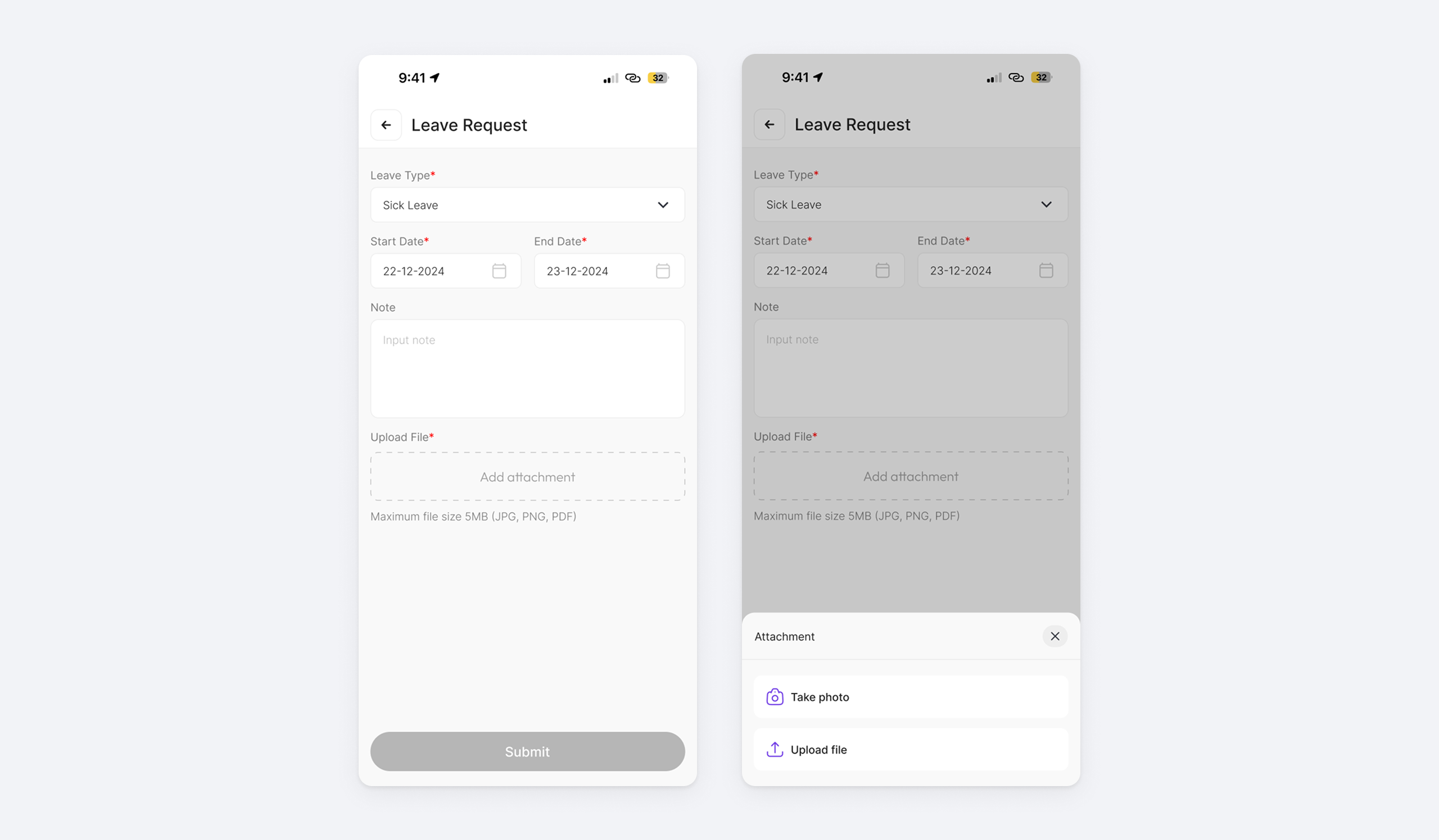 Mobile app leave and proof upload attachment modal