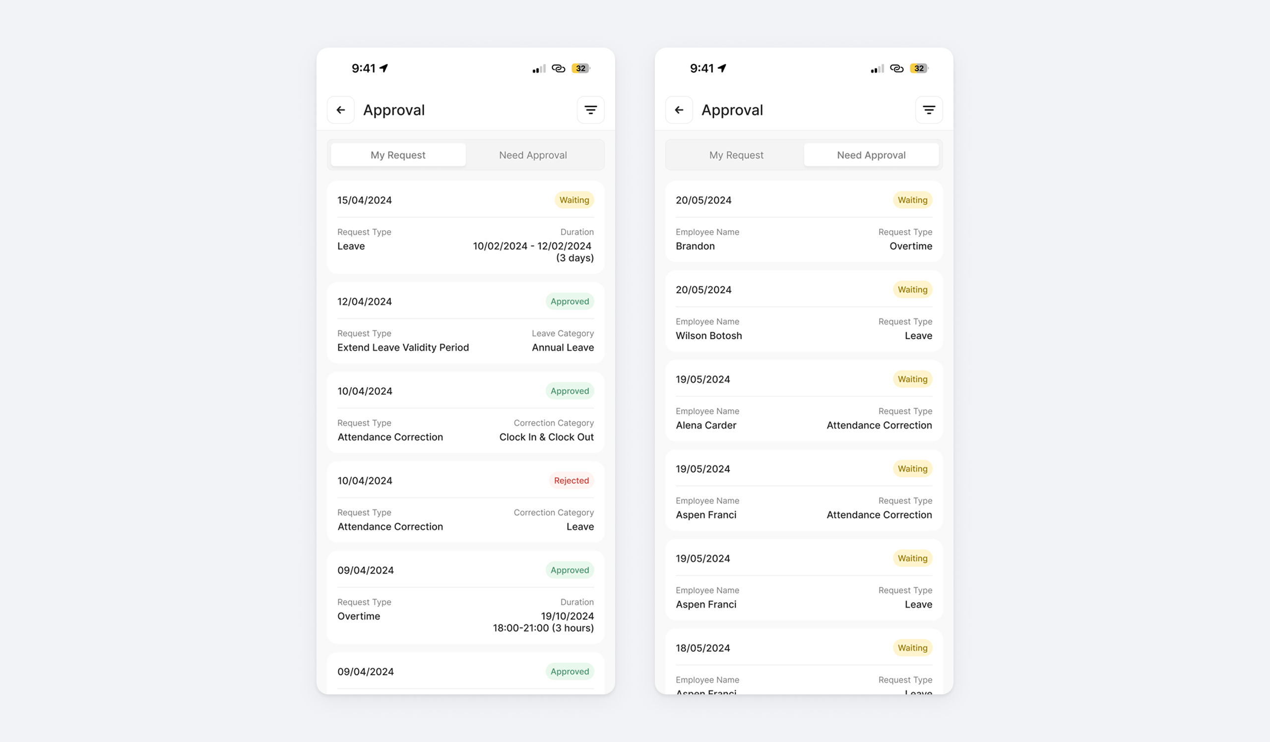 Mobile app dual-tab approval hub architecture